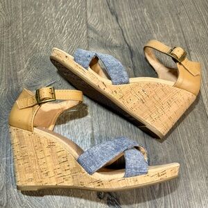 Toms Tan and Blue Wedge Sandals SZ 7